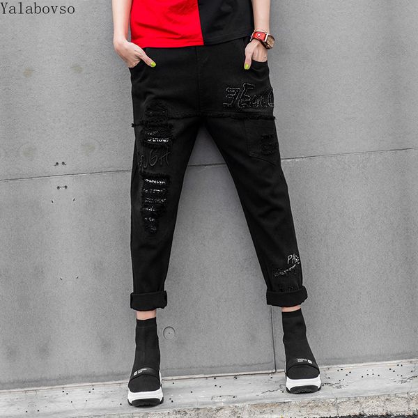 

fall 2019 new originally spliced haremjeans pocket hole distressed pants trendy jeans woman women jeans a81z40, Blue