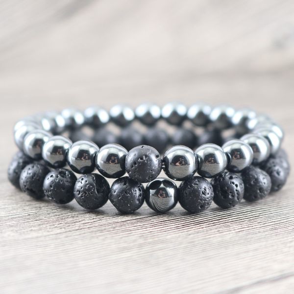 

men's beaded bracelet 8 mm sets hematite & rock lava stone for men matching bracelets couples jewellery boyfriend gifts, Black