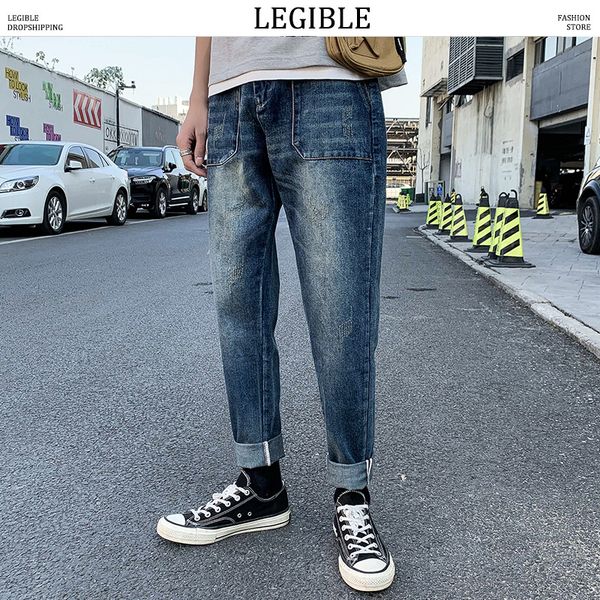 

legible 2020 spring summner straight jeans pants mens fashion solid denim pants men designer trousers casual loose men, Blue