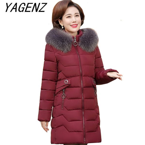 

large size middle-aged women winter fur collar hooded jacket coat slim warm long overcoat solid down cotton basic jacket 5xl, Black