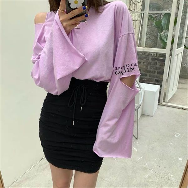 

east gate ins summer all-match asymmetric cut shoulder letter printing loose slimming sun-proof t-shirt east gate ins summer all-match asymm, White