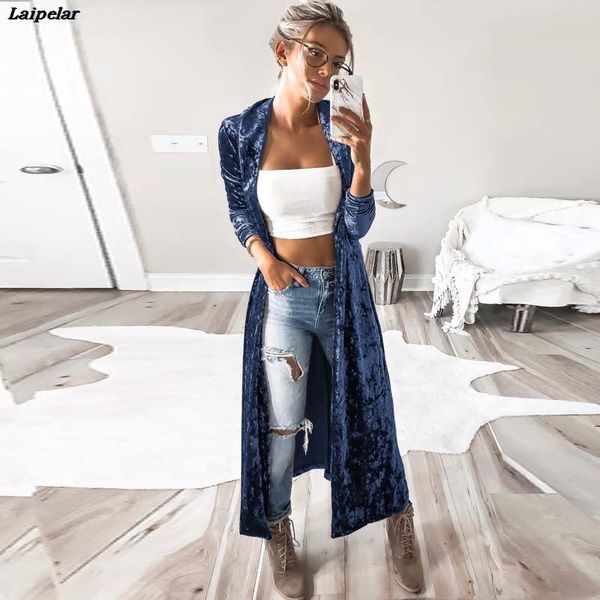 

2018 women long sleeve crushed velvet long coat jacket spring lapel neck slim club full length cardigan open stitch outwear, Black;brown