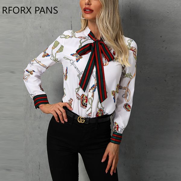

chain print tied neck casual blouse shirt women, White