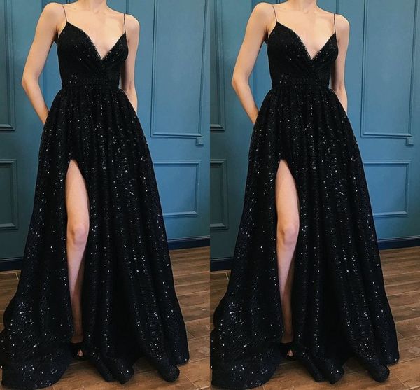 

expensive sequined v-neck dresses evening wear with side split bling prom dress formal party dress robe de soiree open back gowns, Black;red