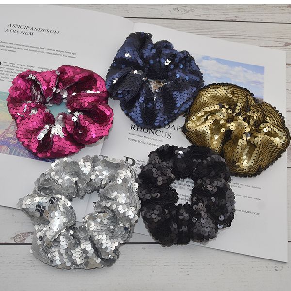 

new style europe and america metal textured matte encryption sequin double color solid color large intestine ring hairband, Brown