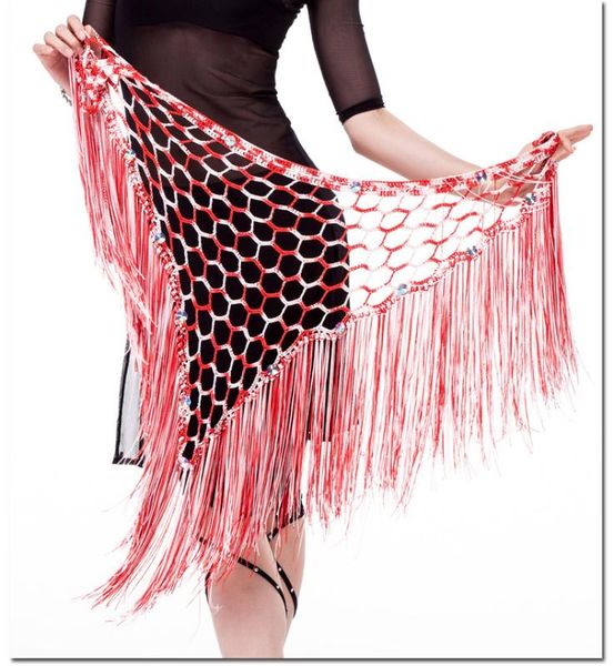 

belly dance scarf multicolor dance wear hip scarf belt stretchy long tassel knit triangle shawls hand crochet women, Black;red