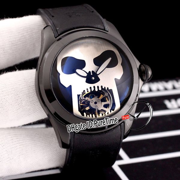 

new 45mm admiral's cup bubble automatic tourbillon mens watch pvd steel all black dial silver skull leather rubber watches puretime e22, Slivery;brown