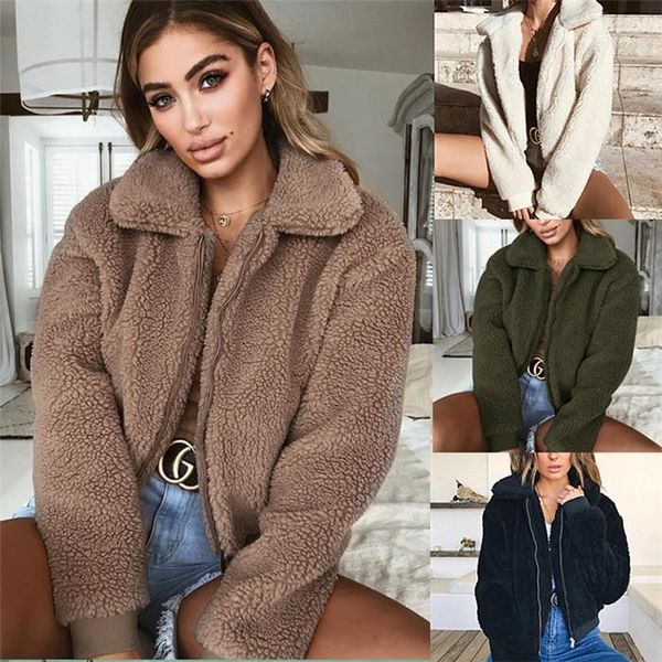 

solid color wool lapel neck long sleeve zipper pocket female outerwear fashion casual clothing womens autumm designer, Black
