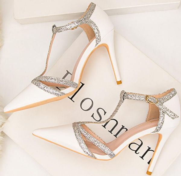 

korean fashion sequined women's shoes with narrow heel, high heel, pointed hollow out, a word with fashion women's sandals, Black