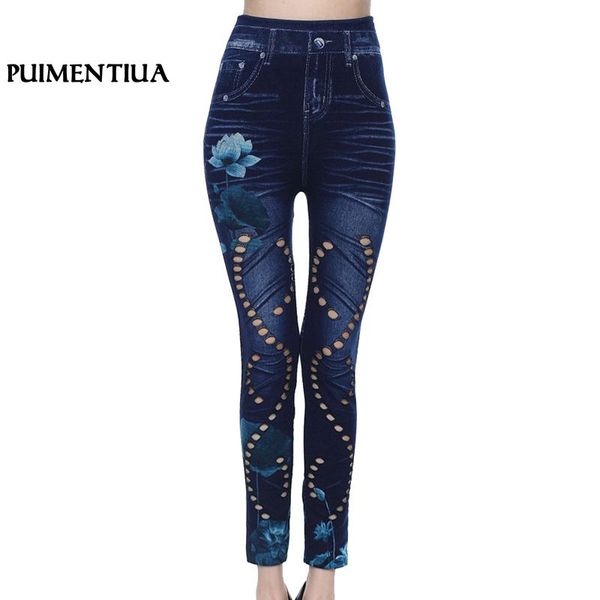 

puimentiua women high waist skinny jeans retro floral print pencil pants female hollow out trousers stretch jeans leggings, Blue