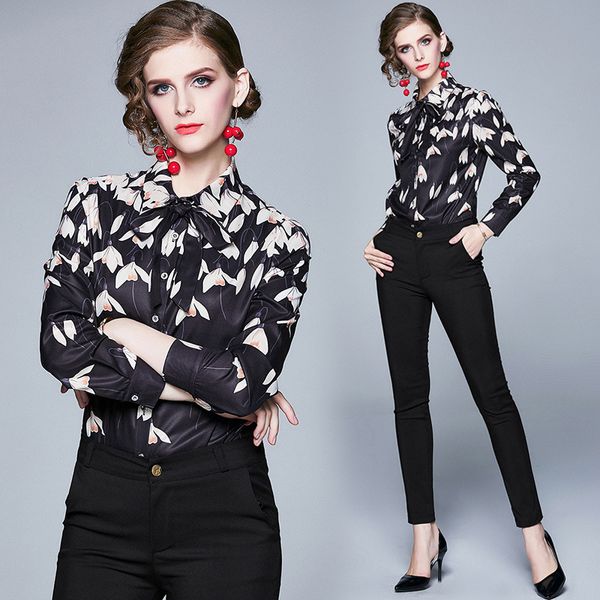 

2020 elegant floral printed black shirts women long sleeve lapel neck ladies runway shirt blouses office casual designer button shirts, White