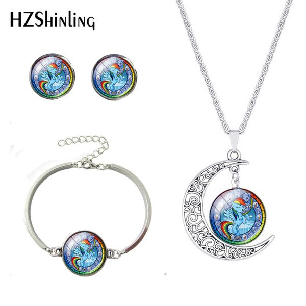 

trendy pendants jewelry set lovely cartoon horse unicorn ponies bracelets earings glass cabochon moon necklace set for women, Slivery;golden