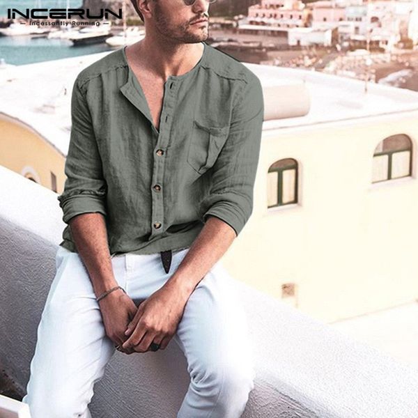 

incerun vintage men shirt long sleeve cotton button plain pockets chic vacation casual brand shirts men streetwear camisa 2019, White;black
