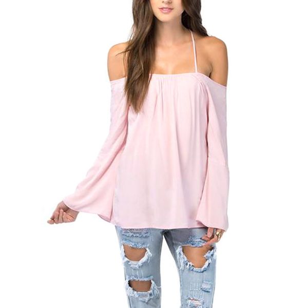 

fashion women spaghetti narrow strap cross backless long sleeve shirt casual loose blouse, White