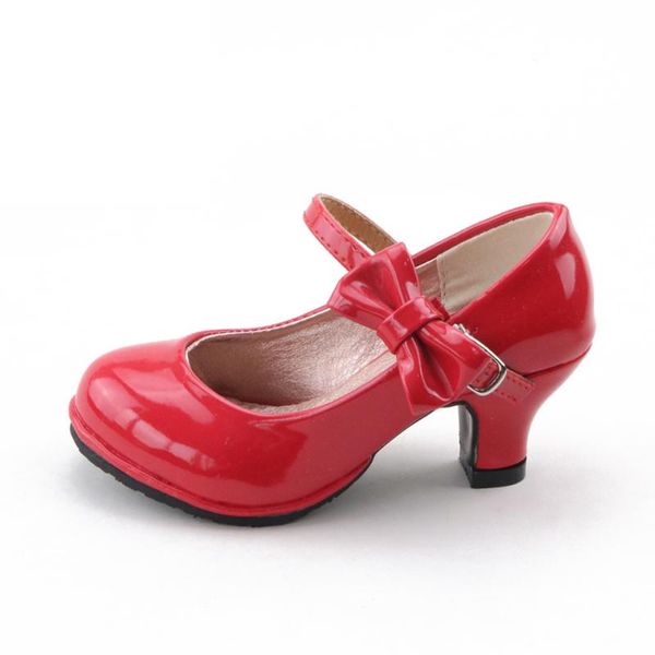 

children 2020 princess shoes girls party bow shoes shiny solid color high-heeled fashion for kids size 26-35, Black;red