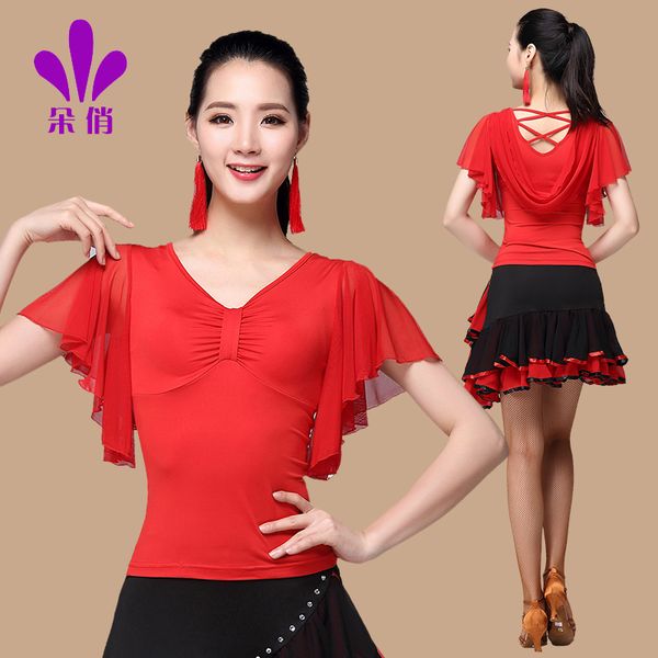 

lady square dance dress short sleeve women summer rumba dancing shirt female samba dance clothes splicing sleeve b-4336, Black;red