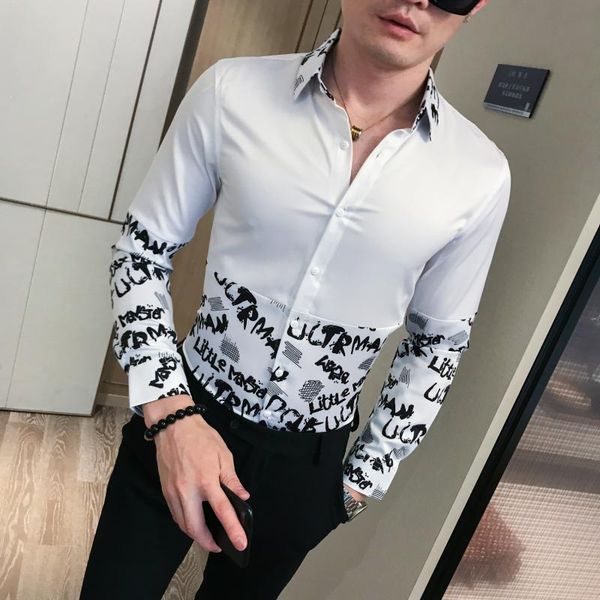 

лоскутное письмо печати рубашка людей с длинным рукавом 2019 осень камиз masculina высокого качество рубашки мужской одежда камиз homem коре, White;black