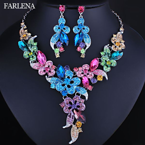 

farlena wedding jewelry multicolor crystal rhinestones flower necklace earrings set for women african bridal jewelry sets j190704, Silver