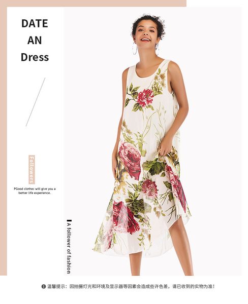 

2020 explosion models summer large size chiffon floral v-neck strap dress new loose printing fashion