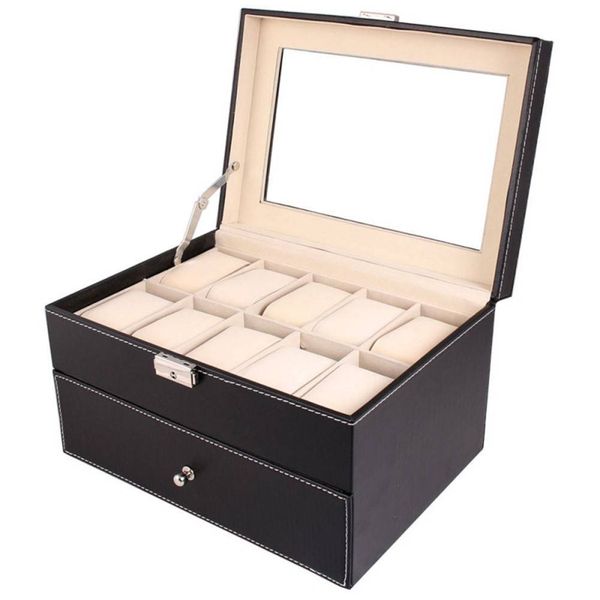 

20 slot leather watch box case organizer glass display jewelry storage holder collection box black, Black;green