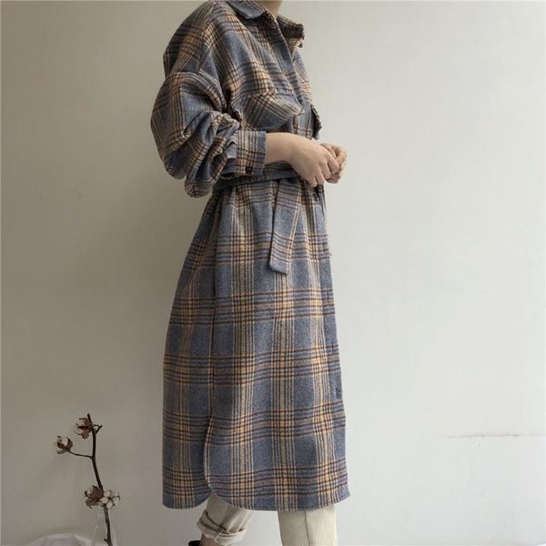 

women autumn vintage long sleeve long coat button elegant bandage plaid woolen coat turn-down collar winter outwear, Black
