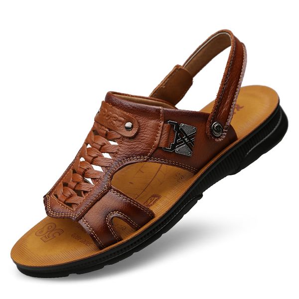 

brand summer beach shoes men trend comfortable casual non-slip sandals genuine leather men sandals shoes, Black