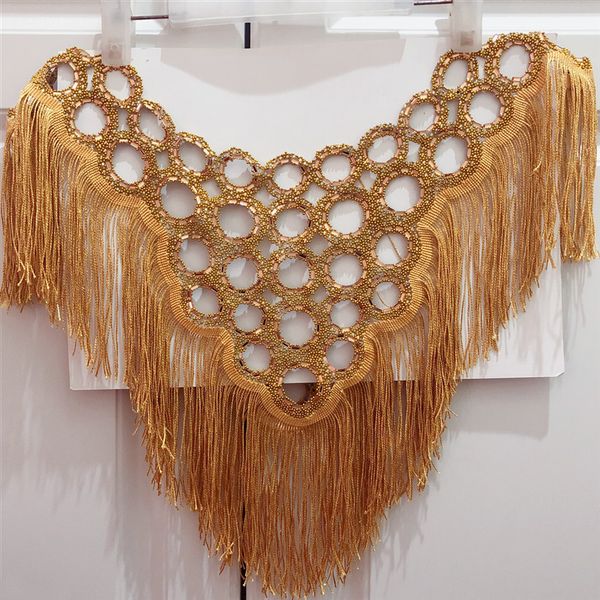 

горячей продажа нового золота круг свадьба вышитого бисера воротник с кисточками аппликаций выреза с бахромой, Black