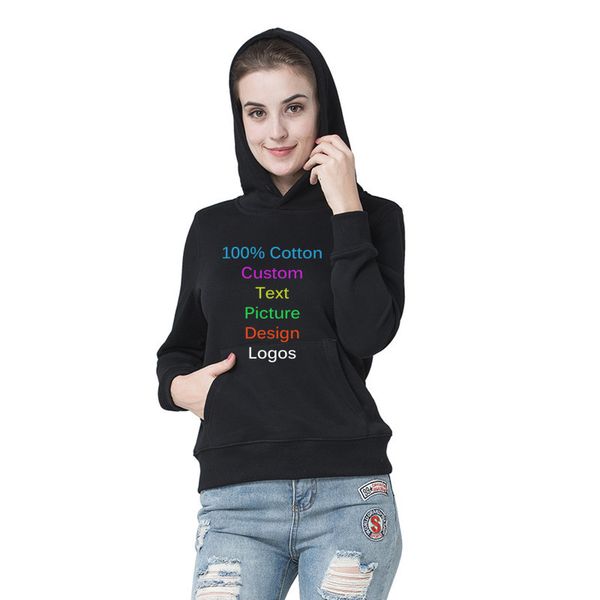 

autum spring women custom hoodies cotton team logo texts printed female hooded sweatshirt tracksuit lady girl pockets diy hoodie, Black