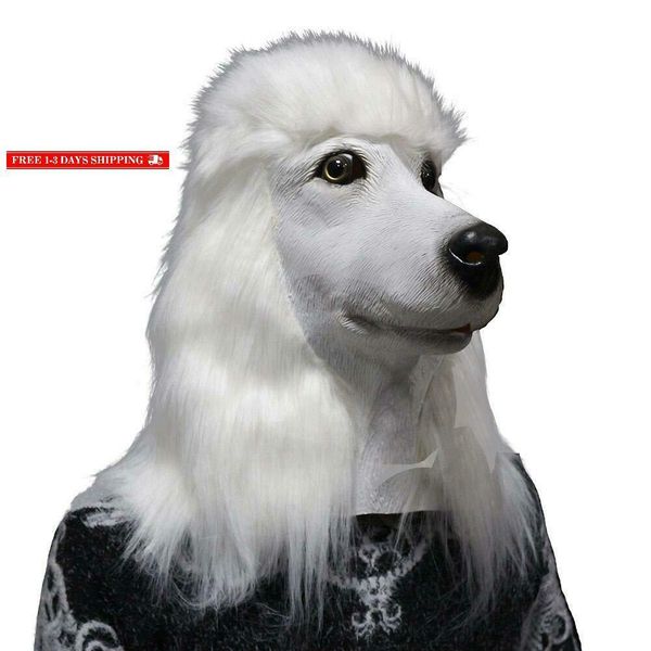 

white poodle head dog mask realistic animal latex mask halloween cosplay props