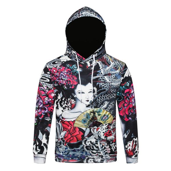 

m-5xl new geisha hoodies sweatshirts man funny 3d japanese beauty print hooded tracksuit coat hip hop, Black