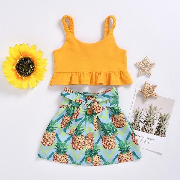 

2020 summer baby girl clothes yellow vest+pineapple print short skirt 2pcs set toddler children outfits, White