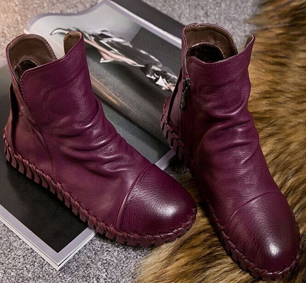 

genuine leather short boots plus velet winter women shoes handmade sewing soft outsole lazy shoes maternity flat boots, Black
