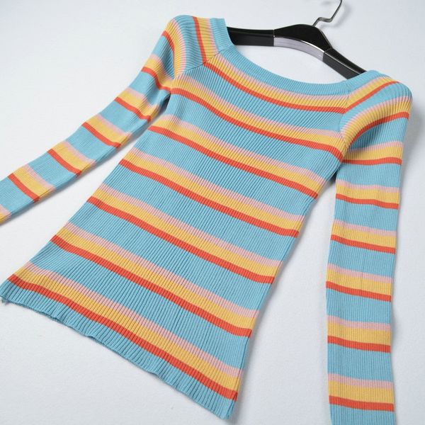

fashion women autumn winter stripes print slim long sleeved one word collar slim bottom knit sweater new, White;black