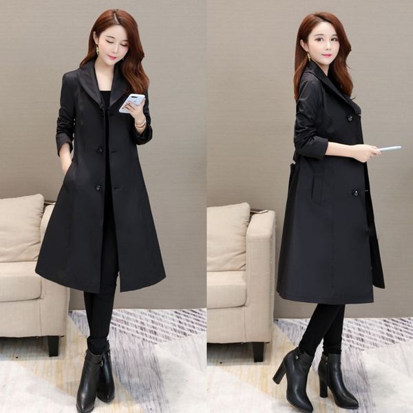 

new spring and autumn ladies windbreaker jacket long section over the knee korean version of the selfcultivation large size clothes, Tan;black