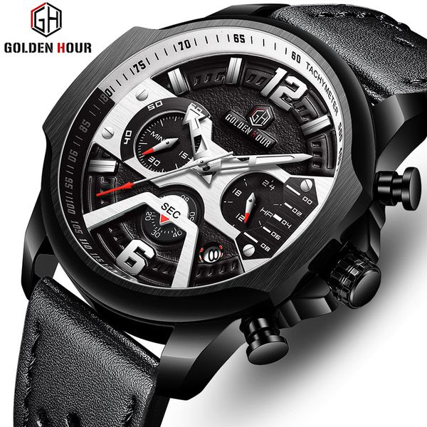 

goldenhour new style mens quartz watch waterproof business man clock calendar leather men watches relogio masculino, Slivery;brown