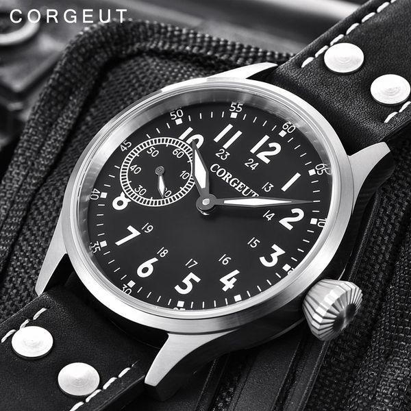 

luxury corgeut watch men mechanical 17 jewels hand winding 6497 st3600 leather clock sapphire luminous male fashion wristwatch, Slivery;brown