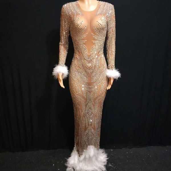 

skin color transparent stretch net yarn feather long sleeved wedding evening dress performance stage wear birthday outfit dt1730, Black;red