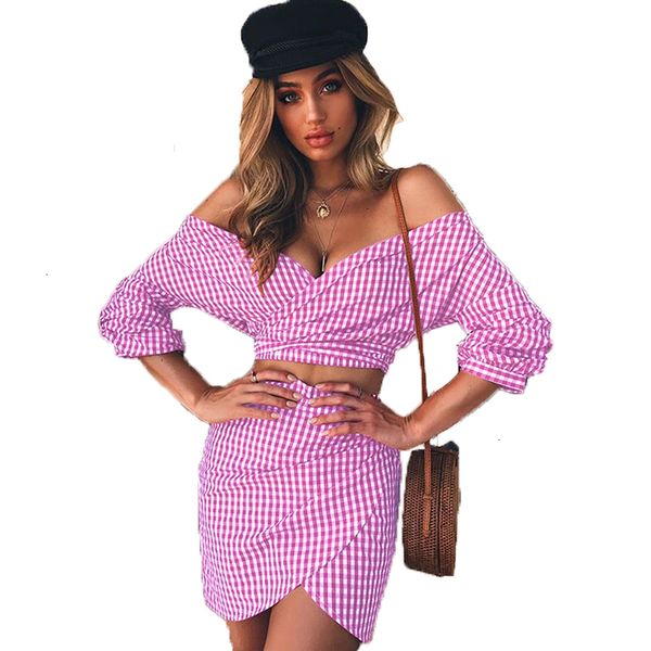 

women s designer 2 piece sets suit womens checker plaid off shoulder two piece set flare sleeves drawsring short mini skirt, White
