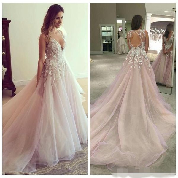 

blush pink a line wedding dresses 2020 deep v neck lace applique hollow back tulle custom made wedding bridal gown vestido de novia, White