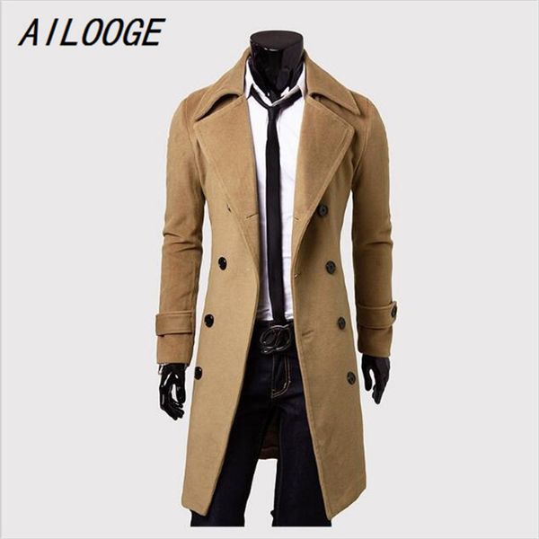 

ailooge mens trench coat 2017 new fashion designer men long coat autumn winter double-breasted windproof slim trench men, Tan;black