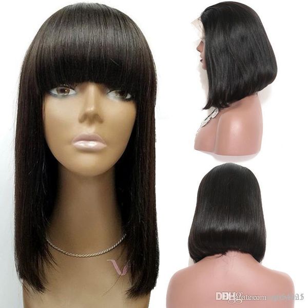 

перуанские прямые парики фронта шнурка человеческих волос дешевые короткие боб парики шнурка для женщин с волосами младенца в наличии беспла, Black