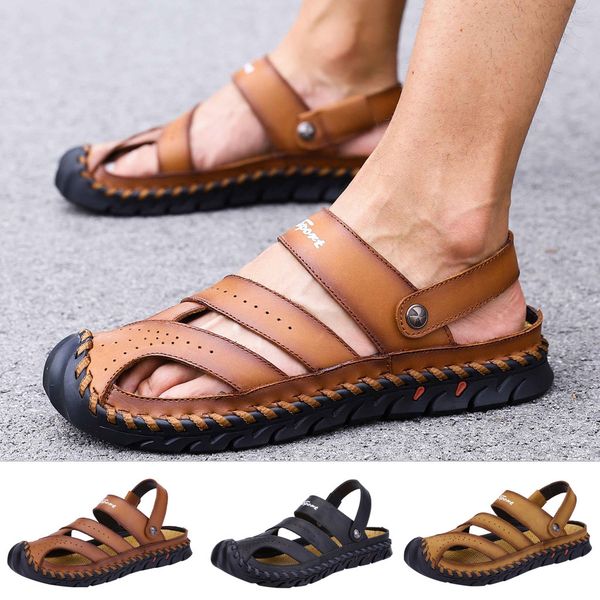 

summer sandals men leather classic men summer large size non-slip sandals trend lazy beach shoes casual home shoes trekking, Black