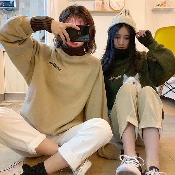 

p shoot ~ fall and winter clothes hoodie women's fake two-piece high collar brushed and thick coat fashion students on c, Black