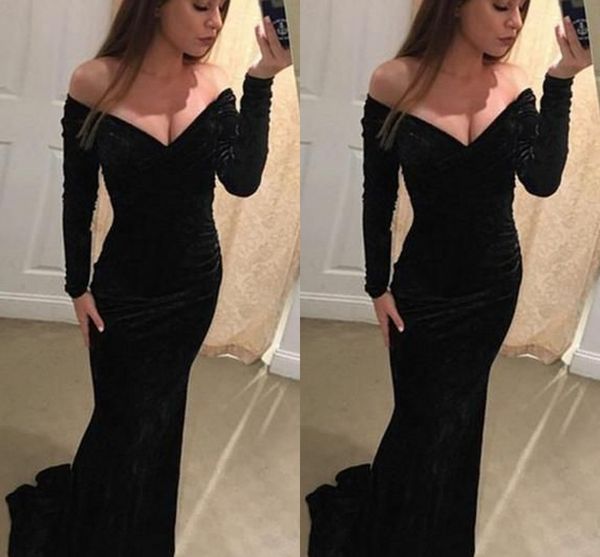 

2019 black velvet long sleeve dresses evening wear off the shoulder mermaid style prom dresses special occasion dress for women party dress, Black;red