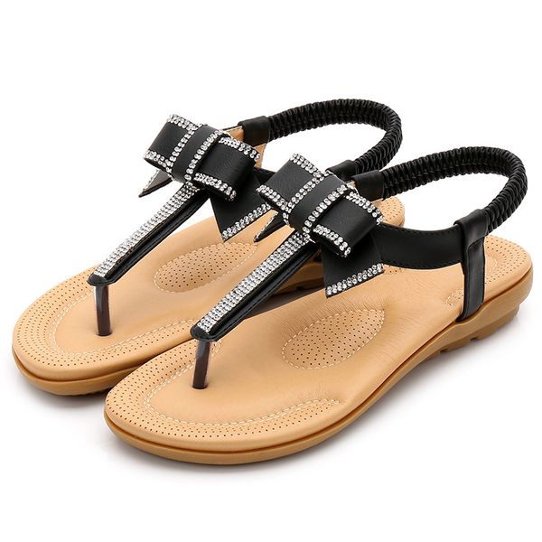 

2019 summer korean bowknot sandals water drill ethnic wind elastic belt women's shoes bohemian flat sandals, Black