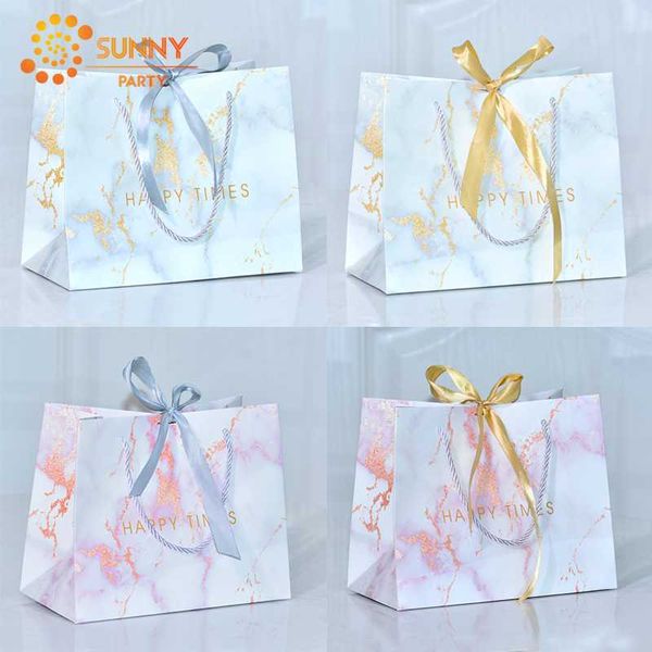 

simple marble printed paper tote bag gold grey ribbon bow-knot package bags birthday anniversary gift packaging party supplies