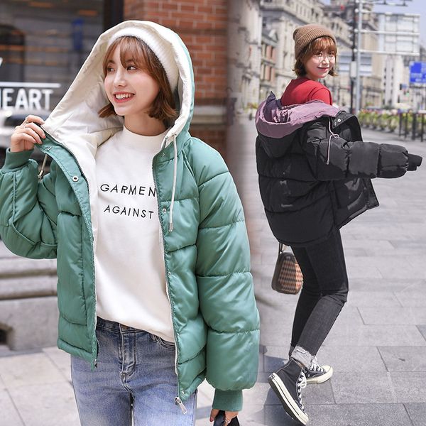 

2019 hooded women winter jacket short cotton padded womens coat autumn feminino solid color parka stand collar 10djh57, Black