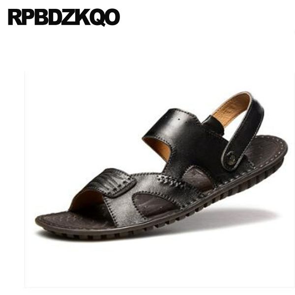 

slippers black runway breathable slides outdoor genuine leather shoes roman mules brown men gladiator sandals summer closed toe