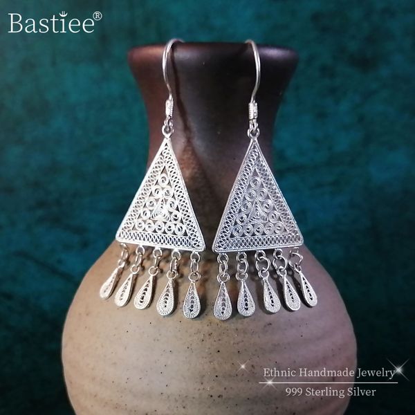 

треугольник 999 стерлингового серебра серьги падения для женщин аксессуары кисточкой уха старинные ручной работы boho ювелирные изделия коре, Silver
