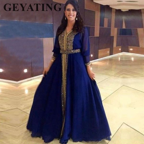 

saudi arabic royal blue muslim evening dress with long sleeves gold beaded kaftan dubai formal prom dresses 2019 elegant chiffon, White;black